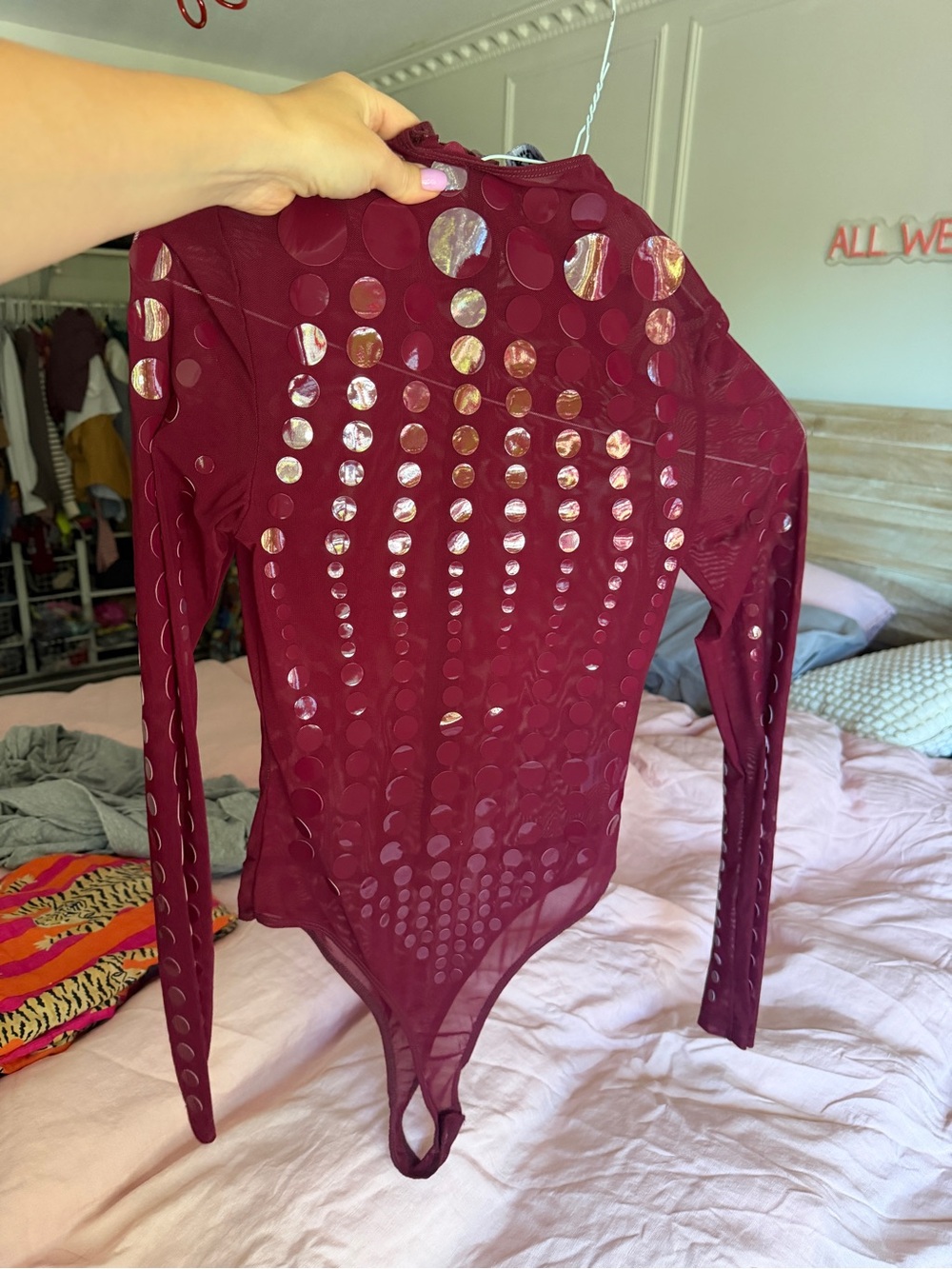 AKIRA Burgundy Sheer Long-Sleeve Sequin Dot Bodysuit